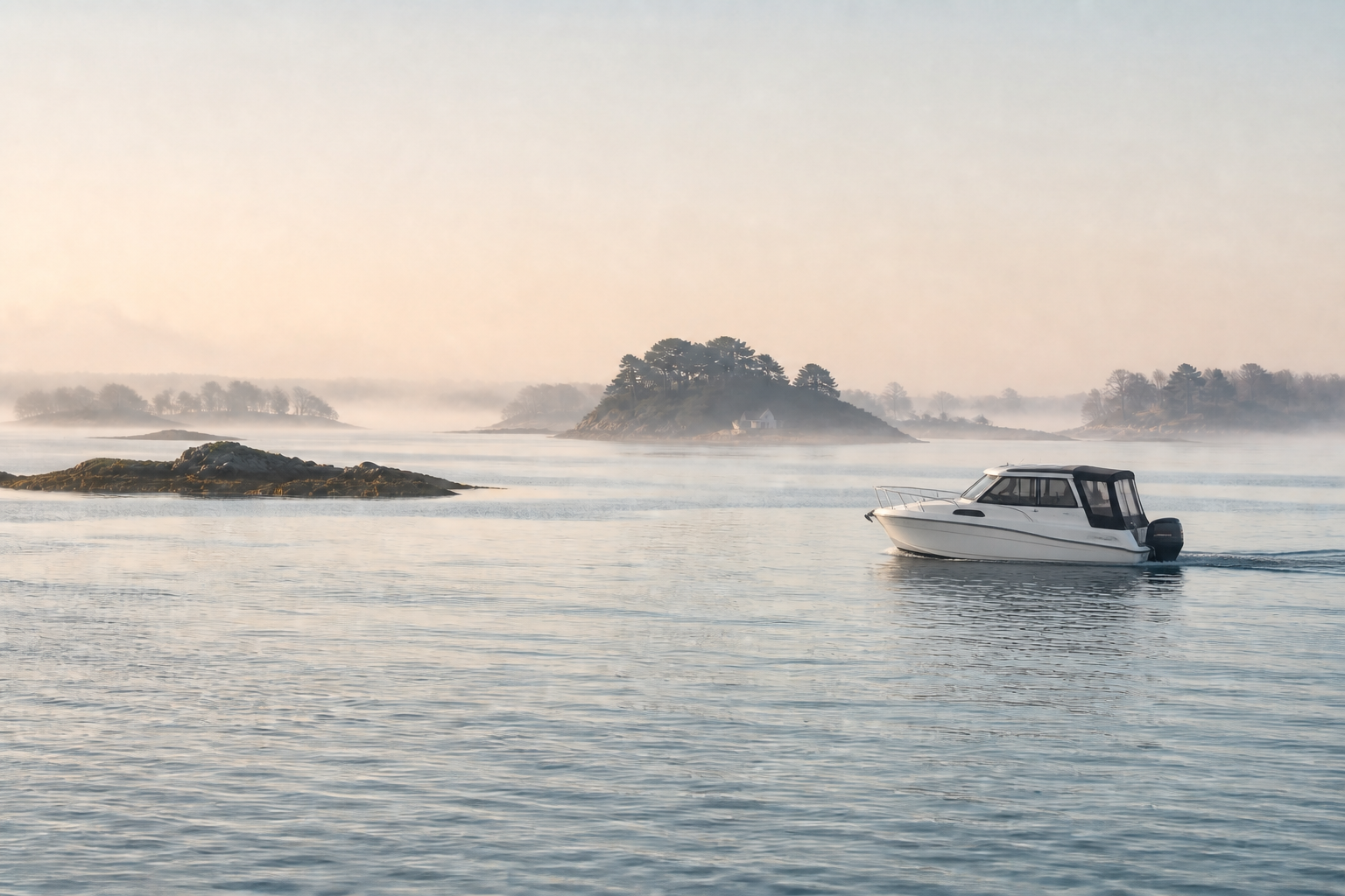 Bateau à cabine naviguant dans le Golfe du Morbihan