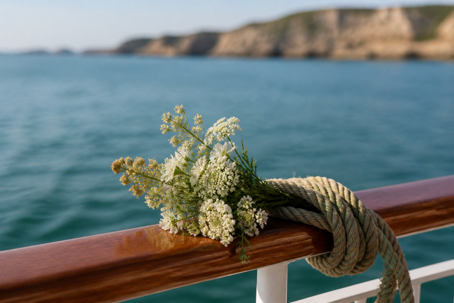 Fleurs blanches et cordage sur le pont d'un bateau