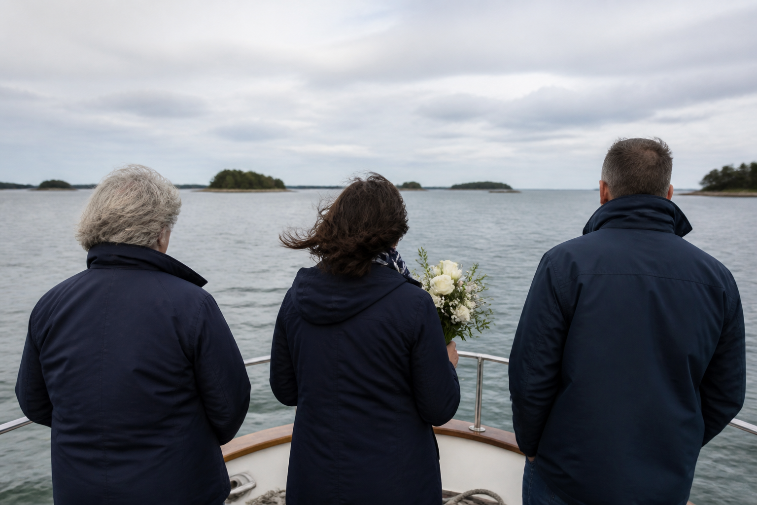 Proches recueillis sur un bateau face à la mer dans le Morbihan