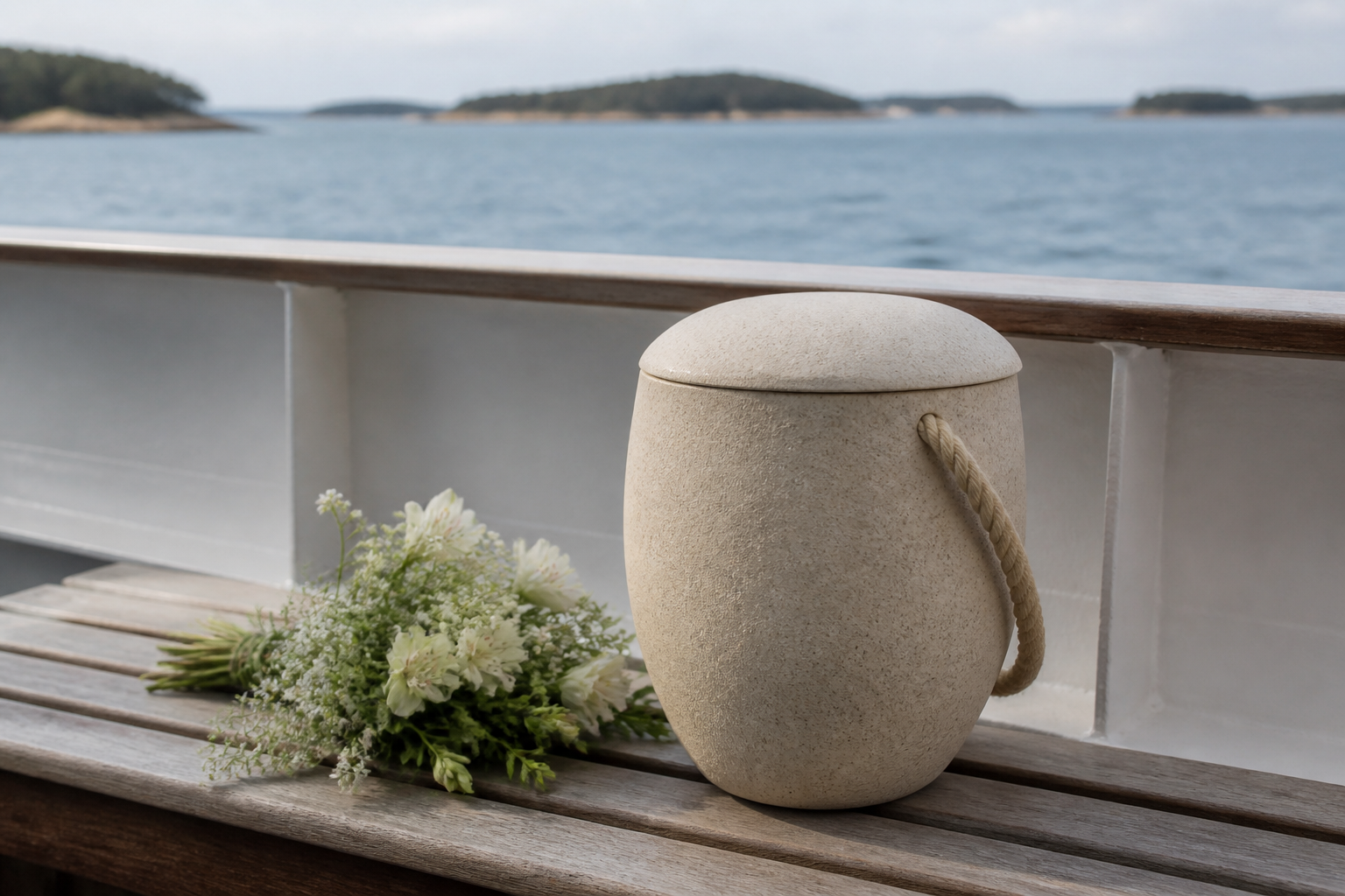Urne biodégradable et fleurs blanches sur le pont d'un bateau